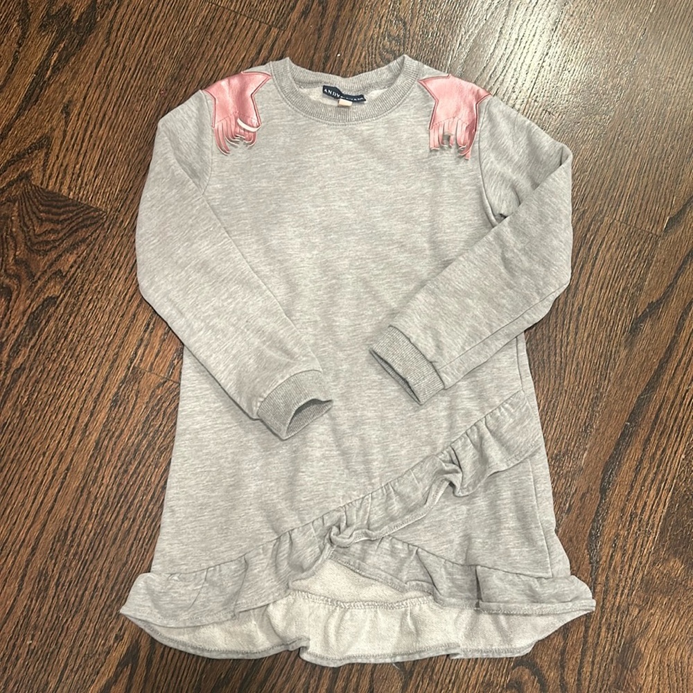 Andy and Evan grey sweatshirt dress with tassels and ruffles